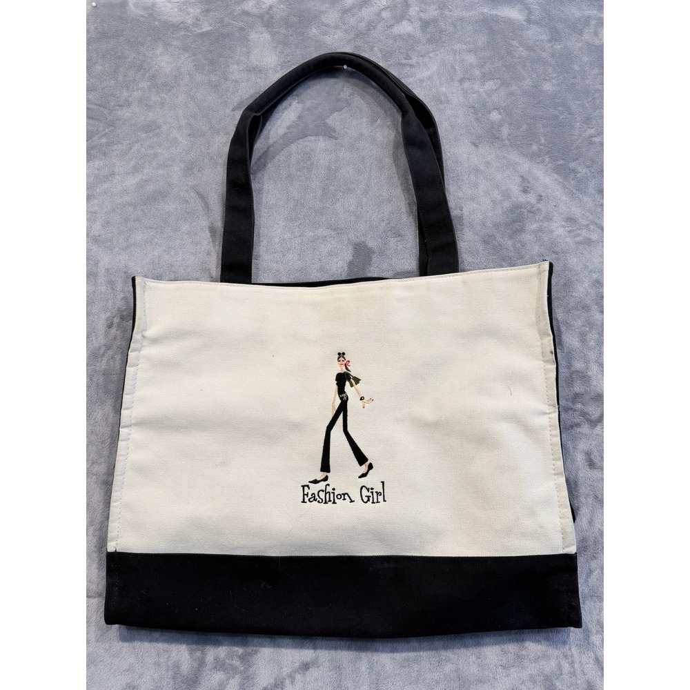 The Girl Tote Bag Fashion Girl Canvas Embroidery White Black Shopper Large